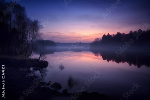 Foggy morning on the lake in the forest. Beautiful landscape