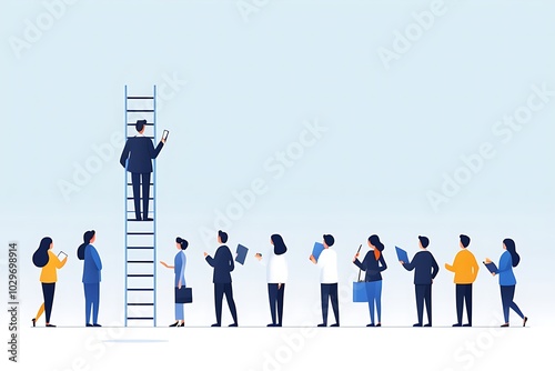 Business person queue up to climb up ladder of success to climb up. Career development, senior management position, leadership vision, success business strategy concept