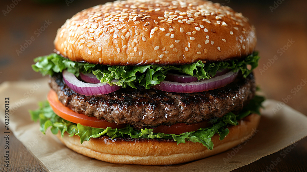 juicy burger sits on table, with vibrant toppings peeking out. The empty caption space invites creativity, symbolizing indulgence and satisfaction juicy burger sits on table, with vibrant toppings peeking out. The empty caption space invites creativity, symbolizing indulgence and satisfaction