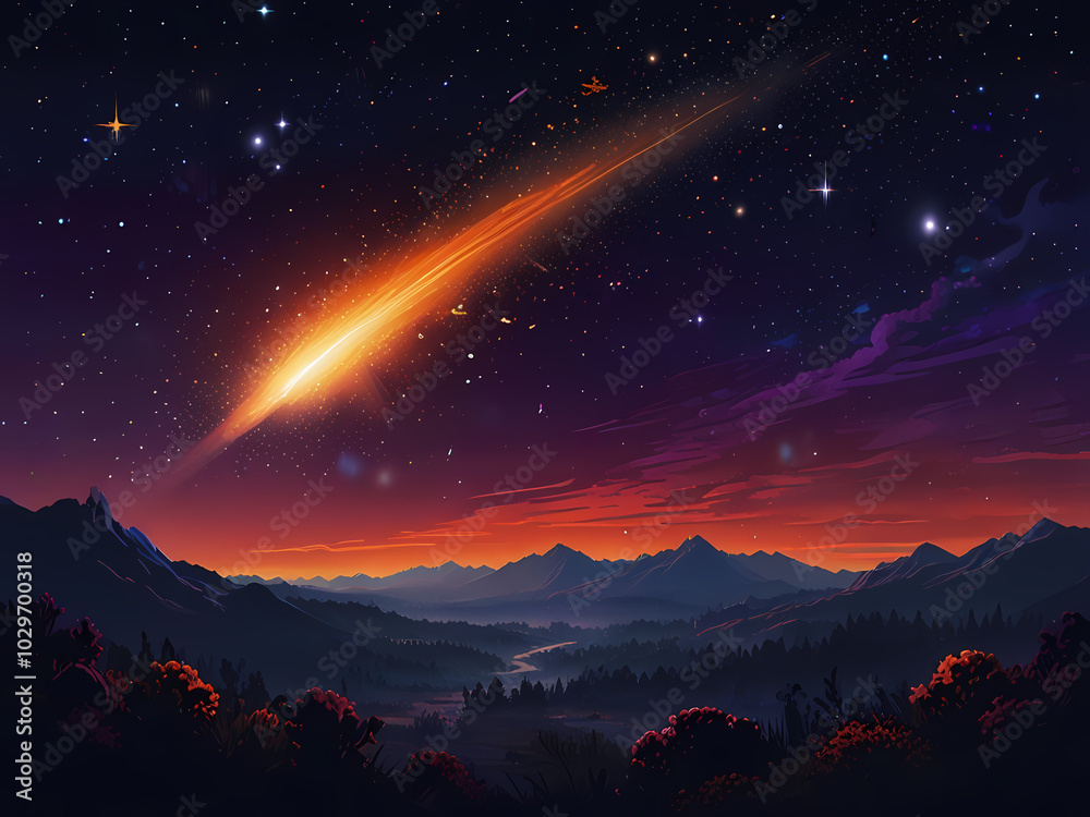 A serene and breathtaking digital artwork depicting a comet disappearing into the horizon of a vibrant, starry universe, set against a deep blue and purple gradient background that transitions A serene and breathtaking digital artwork depicting a comet disappearing into the horizon of a vibrant, starry universe, set against a deep blue and purple gradient background that transitions