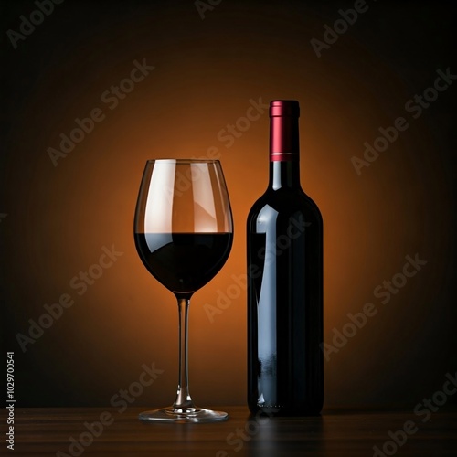 Elegant presentation of a bottle of red wine and a filled glass. Soft, ambient lighting on a simple background highlights the rich color and clarity of the wine