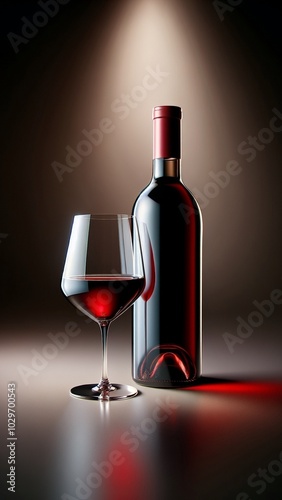 Elegant presentation of a bottle of red wine and a filled glass. Soft, ambient lighting on a simple background highlights the rich color and clarity of the wine