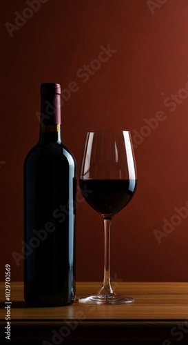 Elegant presentation of a bottle of red wine and a filled glass. Soft, ambient lighting on a simple background highlights the rich color and clarity of the wine
