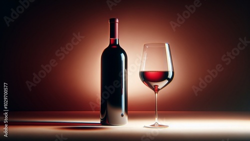 Elegant presentation of a bottle of red wine and a filled glass. Soft, ambient lighting on a simple background highlights the rich color and clarity of the wine