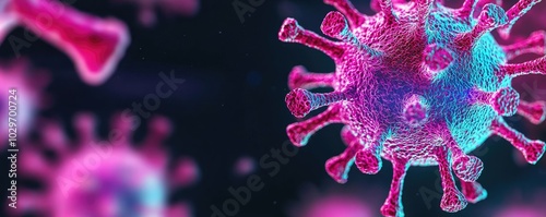 Microscopic view of the virus with vibrant colors on a dark background.