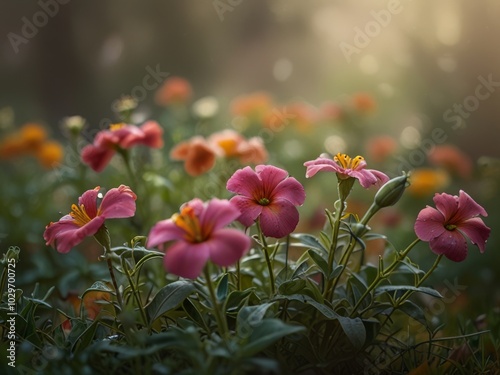 A vibrant display of orange and purple flowers bloom in a soft natural light