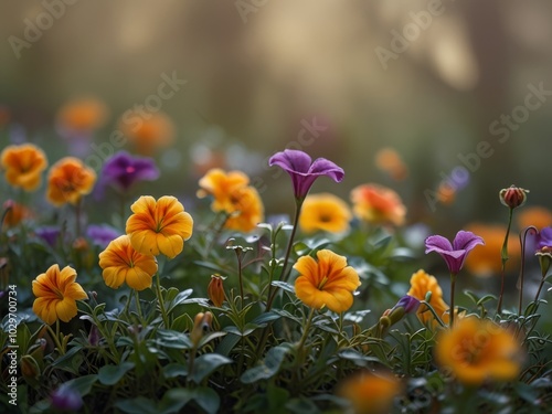 A vibrant display of orange and purple flowers bloom in a soft natural light