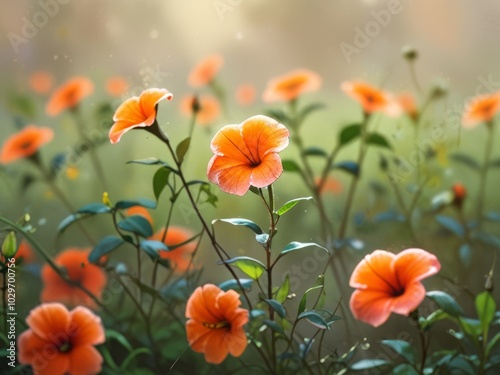 A vibrant display of orange and purple flowers bloom in a soft natural light