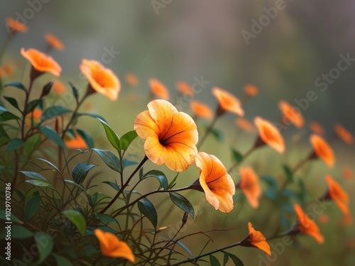 A vibrant display of orange and purple flowers bloom in a soft natural light