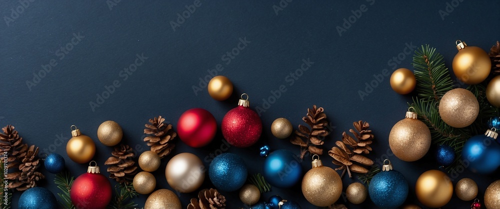 Top view Christmas decorations on dark background, space for text Top view Christmas decorations on dark background, space for text