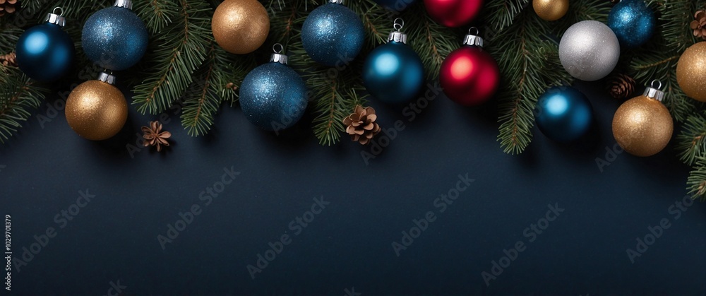 Top view Christmas decorations on dark background, space for text Top view Christmas decorations on dark background, space for text