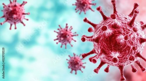 Colorful virus cells on a blurred background, scientifically illustrated.