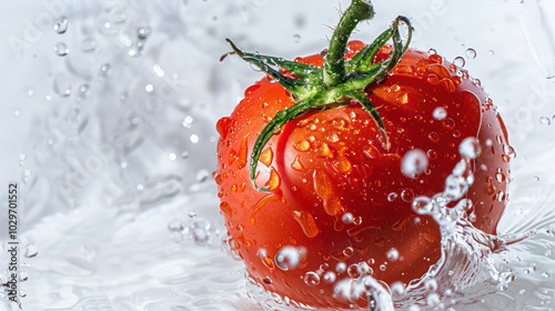 Fresh and vibrant red tomato splashing in clear water, showcasing droplets and lush green stem, evoking sense of freshness and vitality photo