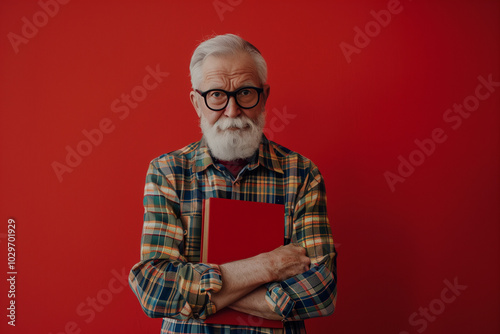 Senior Professor teacher wearing glasses hugging book isolated on red color background. Old litterateur people.
 photo