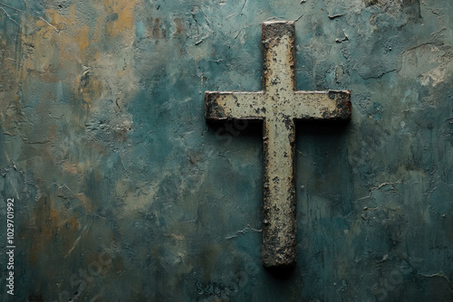 Cross on blue wall, sunlight illuminating its intricate design, casting shadow beneath. Symbols of faith and contrast create a striking visual.