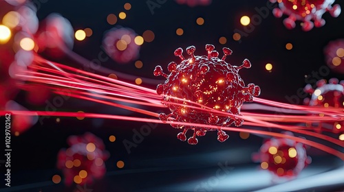 Microscopic view of a virus, glowing effects, dark background.