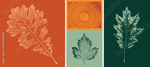 Oak leaf or leaves botanical print in warm fall autumn colors. Plain leaf sketched stamp art.
