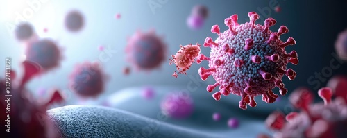 Close-up view of virus particles on a soft surface, blurred background