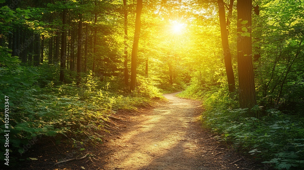 Fototapeta premium Sunlit Path Through Lush Green Forest