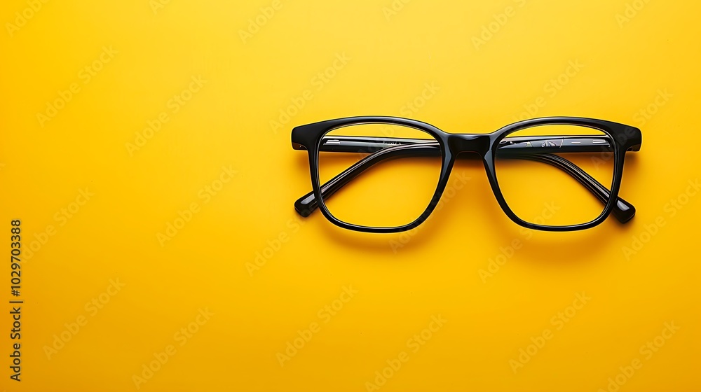 Black eyeglasses on yellow background. Top view with copy space Black eyeglasses on yellow background. Top view with copy space