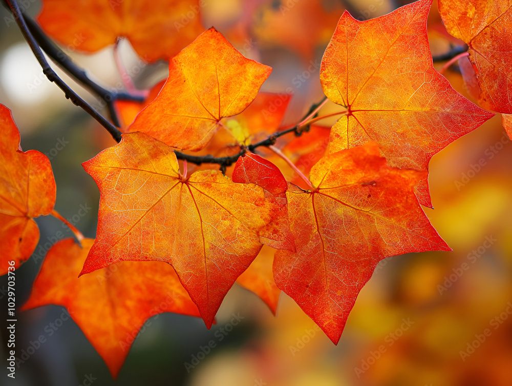 Obraz premium Vibrant Autumn Maple Leaves in Full Color Display - Close-up of beautiful autumn maple leaves showcasing vivid orange and red hues, capturing the essence of fall. Perfect for seasonal and nature-theme