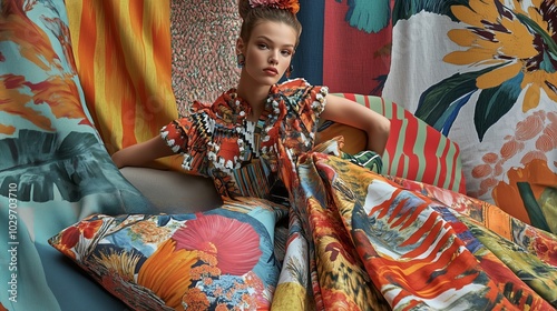 A model showcases vibrant floral fashion design amid colorful fabric backdrops during a creative photoshoot