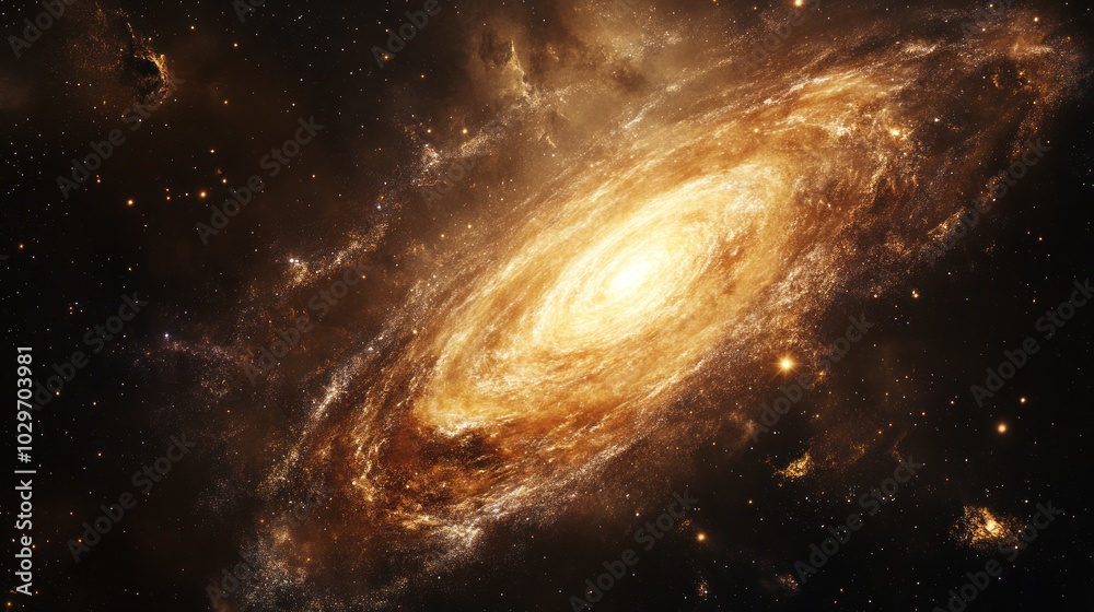 Fototapeta premium A stunning, cosmic view of a spiral galaxy with a bright core and swirling arms of gas and dust, set against a backdrop of twinkling stars in the vastness of space.
