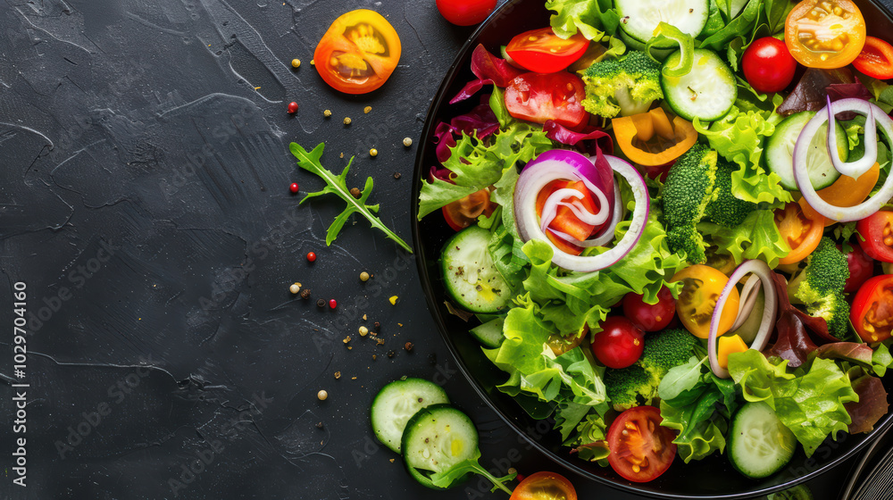 Fresh and vibrant salad featuring mix of colorful vegetables like tomatoes, cucumbers, and leafy greens, perfect for healthy meal or side dish Fresh and vibrant salad featuring mix of colorful vegetables like tomatoes, cucumbers, and leafy greens, perfect for healthy meal or side dish