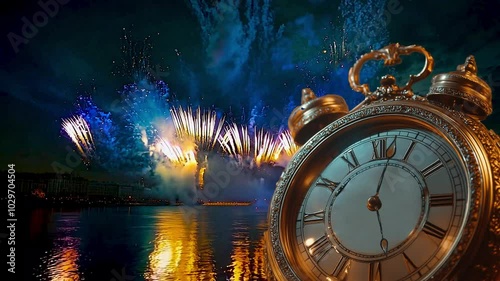 nalog clock on new years eve with fire works in the background