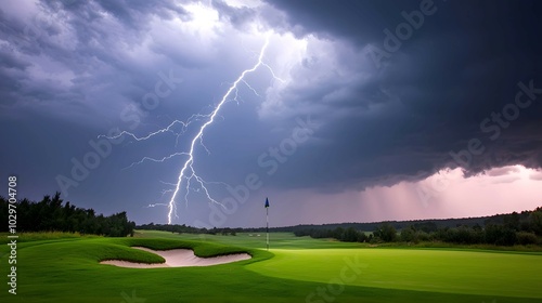 A dramatic scene depicting a thunderstorm with lightning illuminating a golf course under dark, ominous clouds.