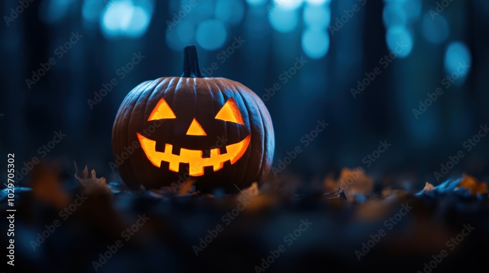 Jack-o'-lantern glowing in the dark with leaves on the ground.