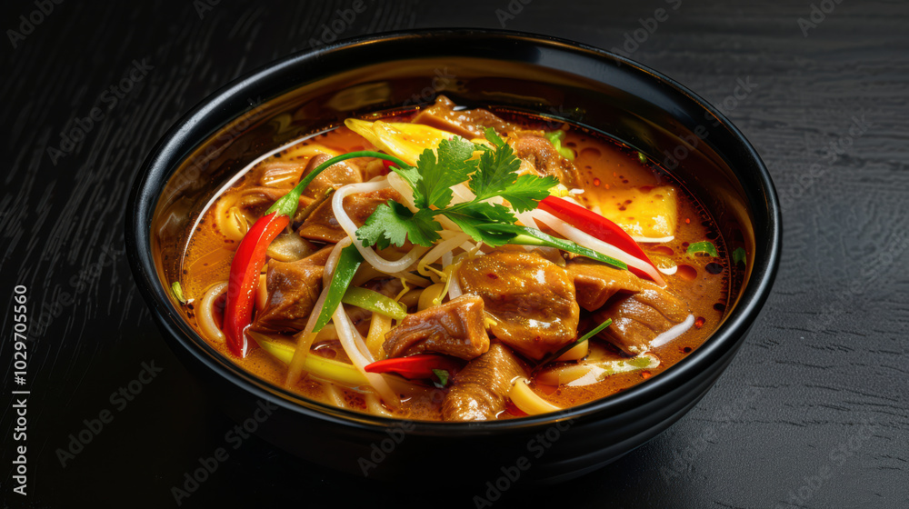 delicious bowl of spicy noodle soup featuring tender meat, fresh herbs, and vibrant vegetables, perfect for comforting meal delicious bowl of spicy noodle soup featuring tender meat, fresh herbs, and vibrant vegetables, perfect for comforting meal