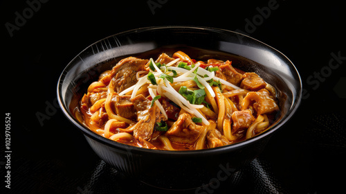 Delicious bowl of noodles with tender meat and fresh vegetables, served in rich sauce, perfect for comforting meal