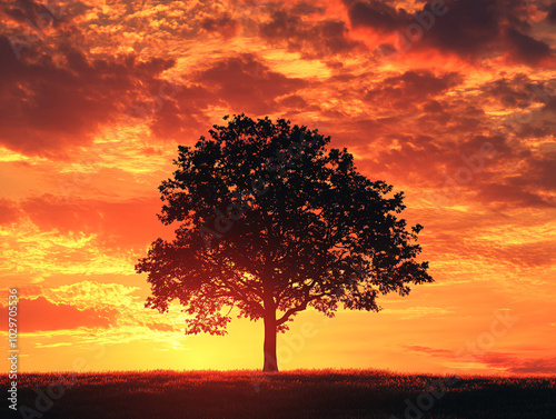 silhouette of a tree against a dramatic orange sunset sky