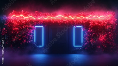 Neo-futuristic building illuminated by vibrant neon lights against a dark background. photo