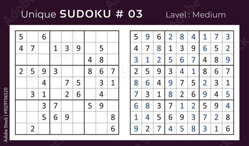 Vector design of sudoku puzzle game with answer. Mid level sudoku mathematical logic game for Kids and adult . 9 x 9 grid sudoku educational game with number vector illustration.