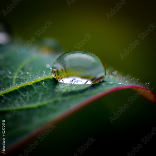 A macro shot of a single water droplet resting on a leaf 