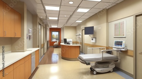 Emergency room design with an efficient layout, modern medical equipment, and clean lighting