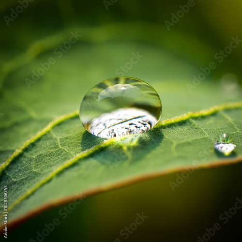 A macro shot of a single water droplet resting on a leaf 