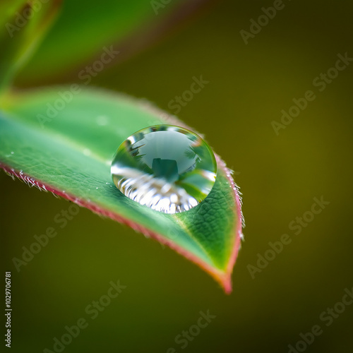 A macro shot of a single water droplet resting on a leaf 