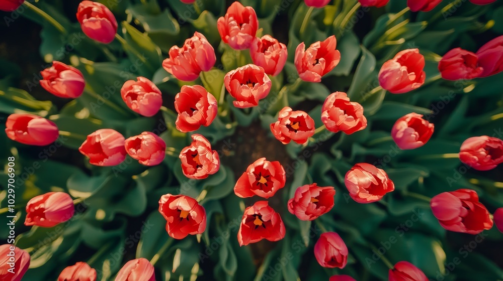 Overhead view of a wooden windmill surrounded by vibrant tulips in spring, bathed in soft sunlight, clear skies, rustic countryside charm Overhead view of a wooden windmill surrounded by vibrant tulips in spring, bathed in soft sunlight, clear skies, rustic countryside charm