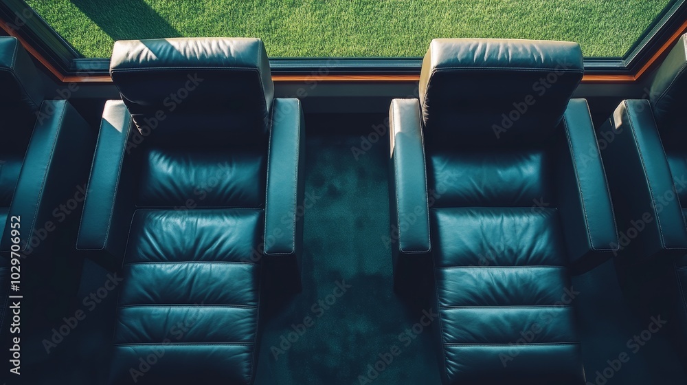 Obraz premium Overhead view of luxurious leather stadium seats near the field, modern and elegant design, showcasing exclusive sports viewing for VIP ticket sales brochures