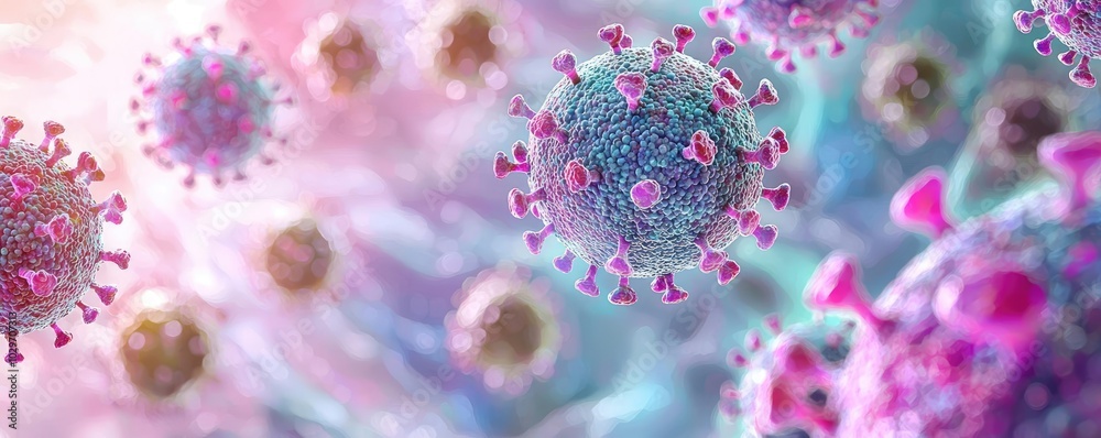 Colorful depiction of virus particles on a vibrant abstract background.
