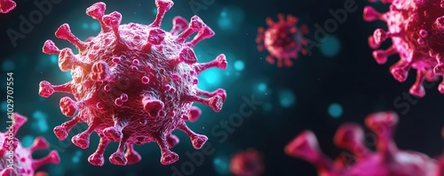 3D render of a virus structure, colorful background with glowing particles.