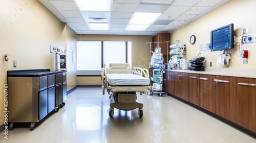 Emergency room layout with efficient space design, modern medical tools, and bright lighting