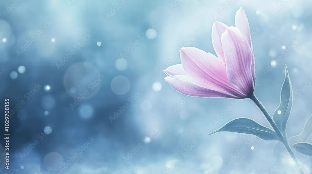 A delicate pink flower stands elegantly with blurred bokeh lights twinkling softly in the background, creating a serene and enchanting atmosphere, copy space