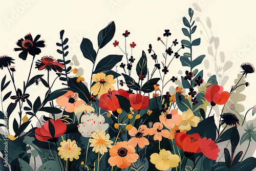 Collection of colorful flower elements vector. Set floral of wildflower, leaf branch, foliage background.