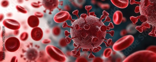 Microscopic view of virus and red blood cells, high detail, scientific illustration.