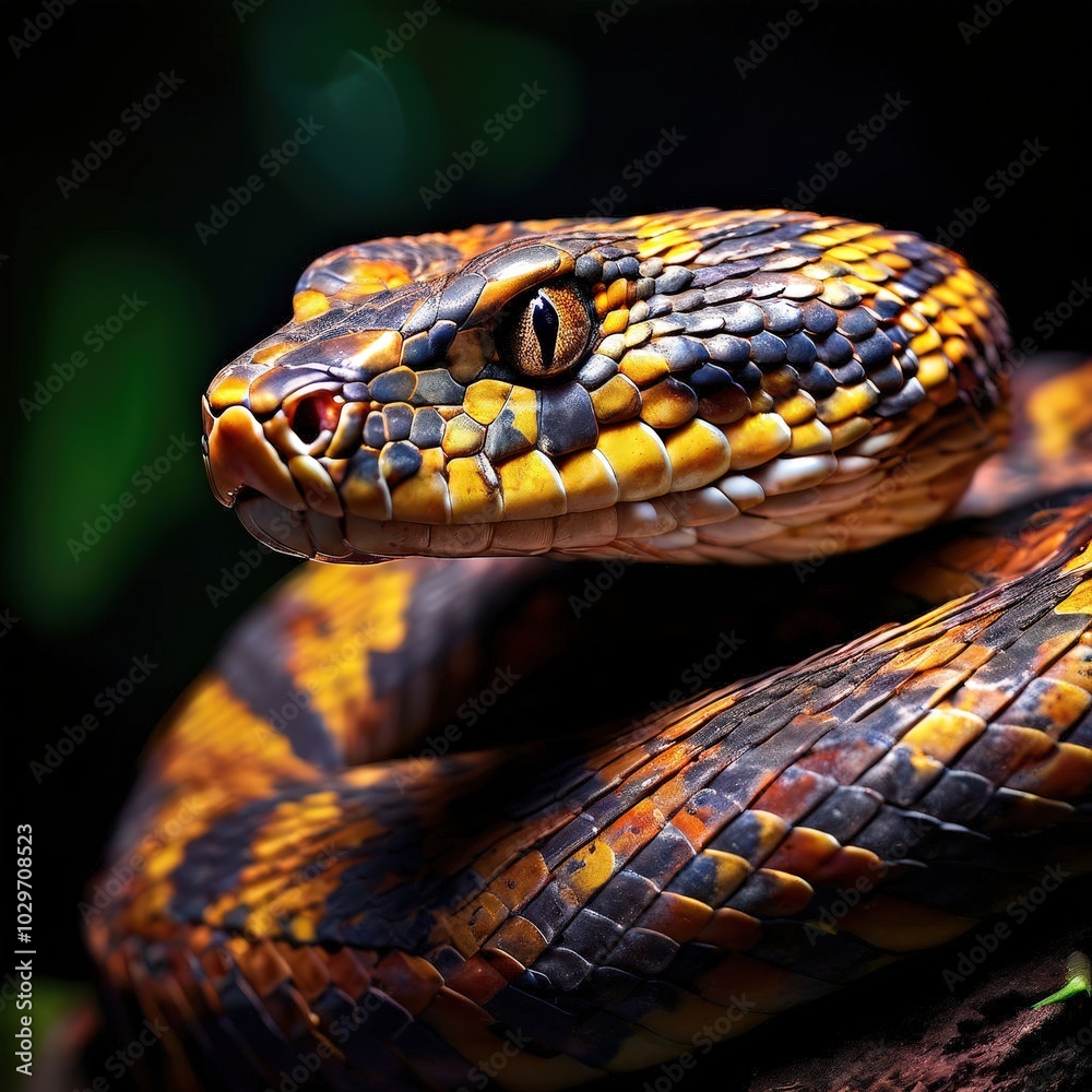 the AI Image Generator, Coiled snake revealing shimmering golden eyes amidst the AI Image Generator, Coiled snake revealing shimmering golden eyes amidst