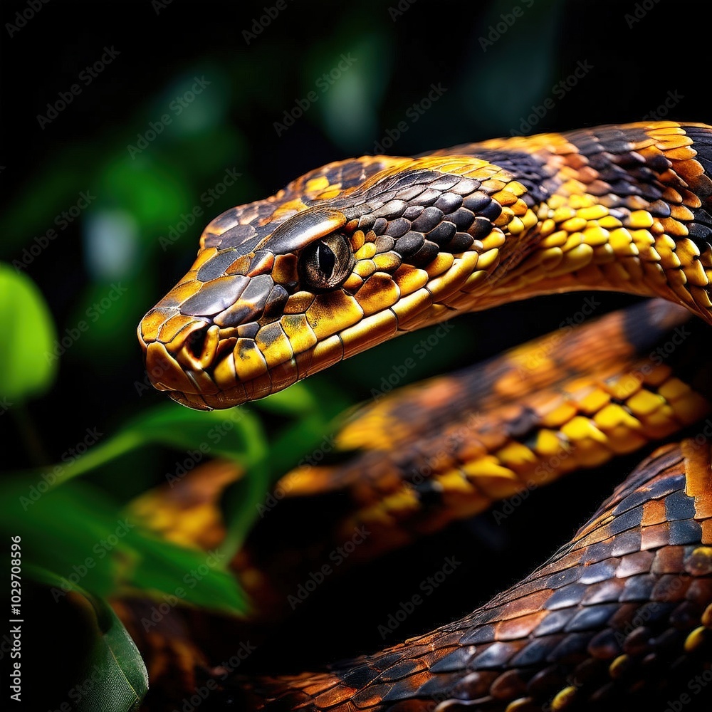 the AI Image Generator, Coiled snake revealing shimmering golden eyes amidst the AI Image Generator, Coiled snake revealing shimmering golden eyes amidst